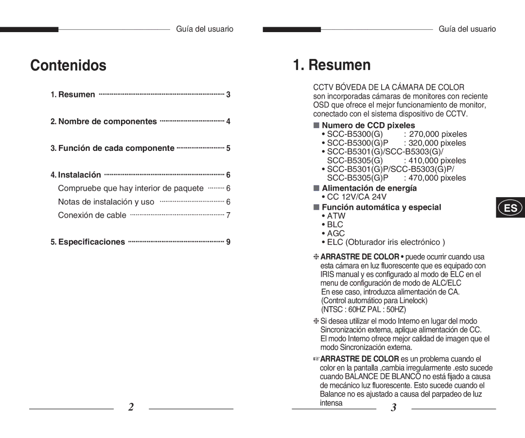 Samsung SCC-B5303(G)(P), SCC-B5301(G)(P) manual Contenidos, Resumen, Numero de CCD pixeles, Alimentación de energía 