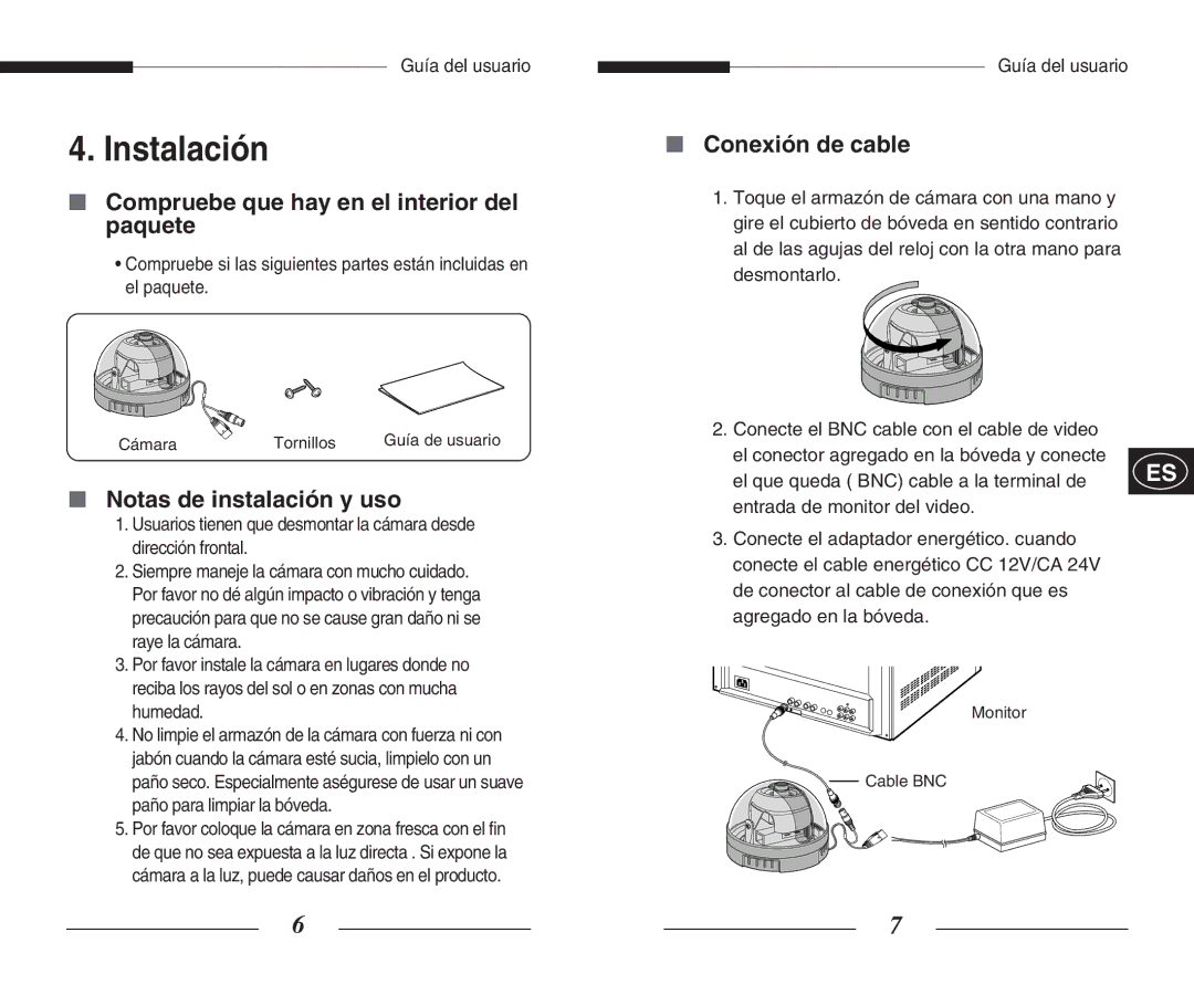 Samsung SCC-B5301(G)(P) manual Instalación, Compruebe que hay en el interior del paquete, Notas de instalación y uso 