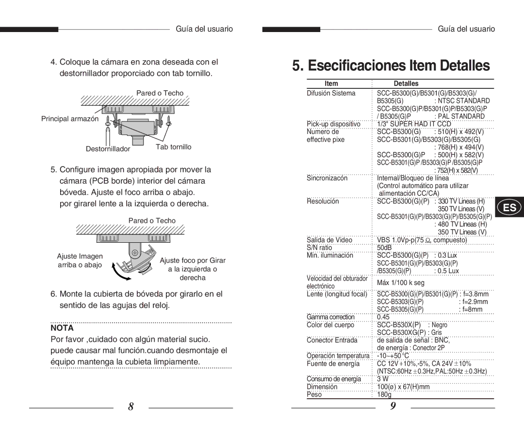 Samsung SCC-B5305(G)(P), SCC-B5301(G)(P), SCC-B5303(G)(P), SCC-B5300(G)(P) manual Nota, Detalles 