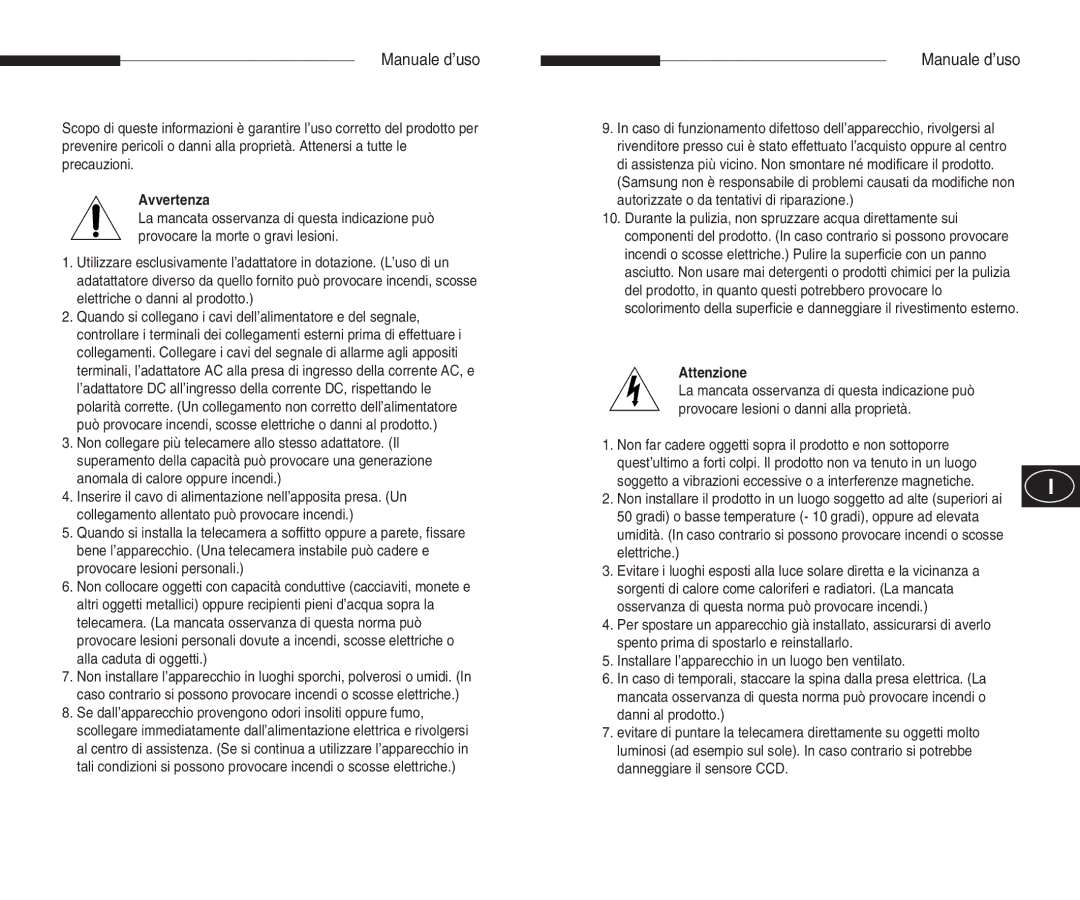 Samsung SCC-B5303(G)(P), SCC-B5301(G)(P), SCC-B5305(G)(P), SCC-B5300(G)(P) manual Manuale d’uso, Avvertenza, Attenzione 