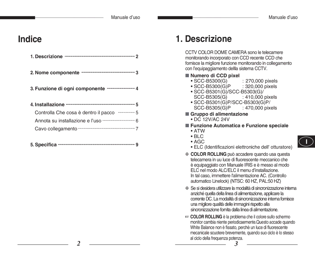 Samsung SCC-B5300(G)(P), SCC-B5301(G)(P), SCC-B5305(G)(P), SCC-B5303(G)(P) manual Indice, Descrizione 