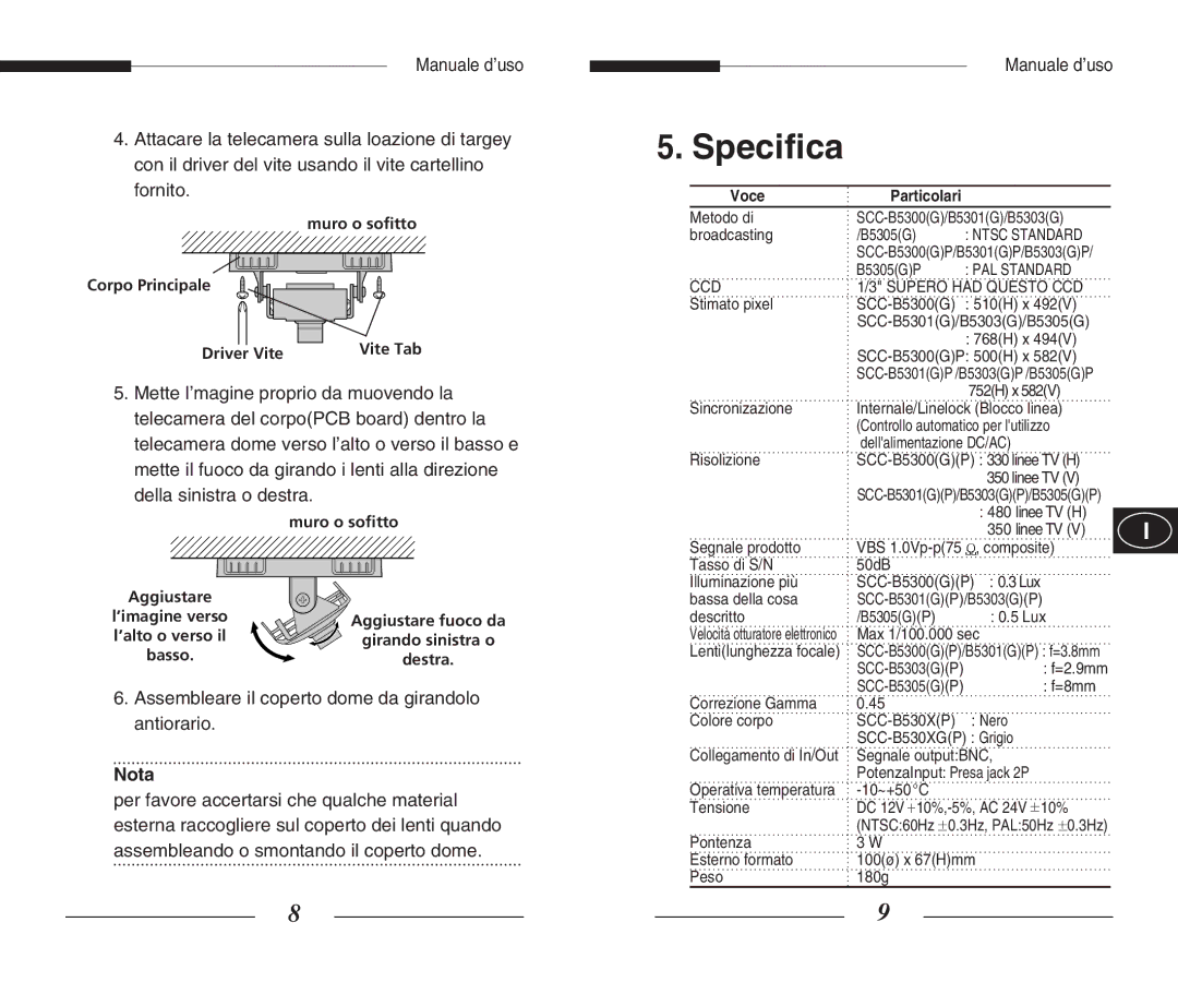 Samsung SCC-B5303(G)(P), SCC-B5301(G)(P) manual Specifica, Assembleare il coperto dome da girandolo antiorario, Nota 