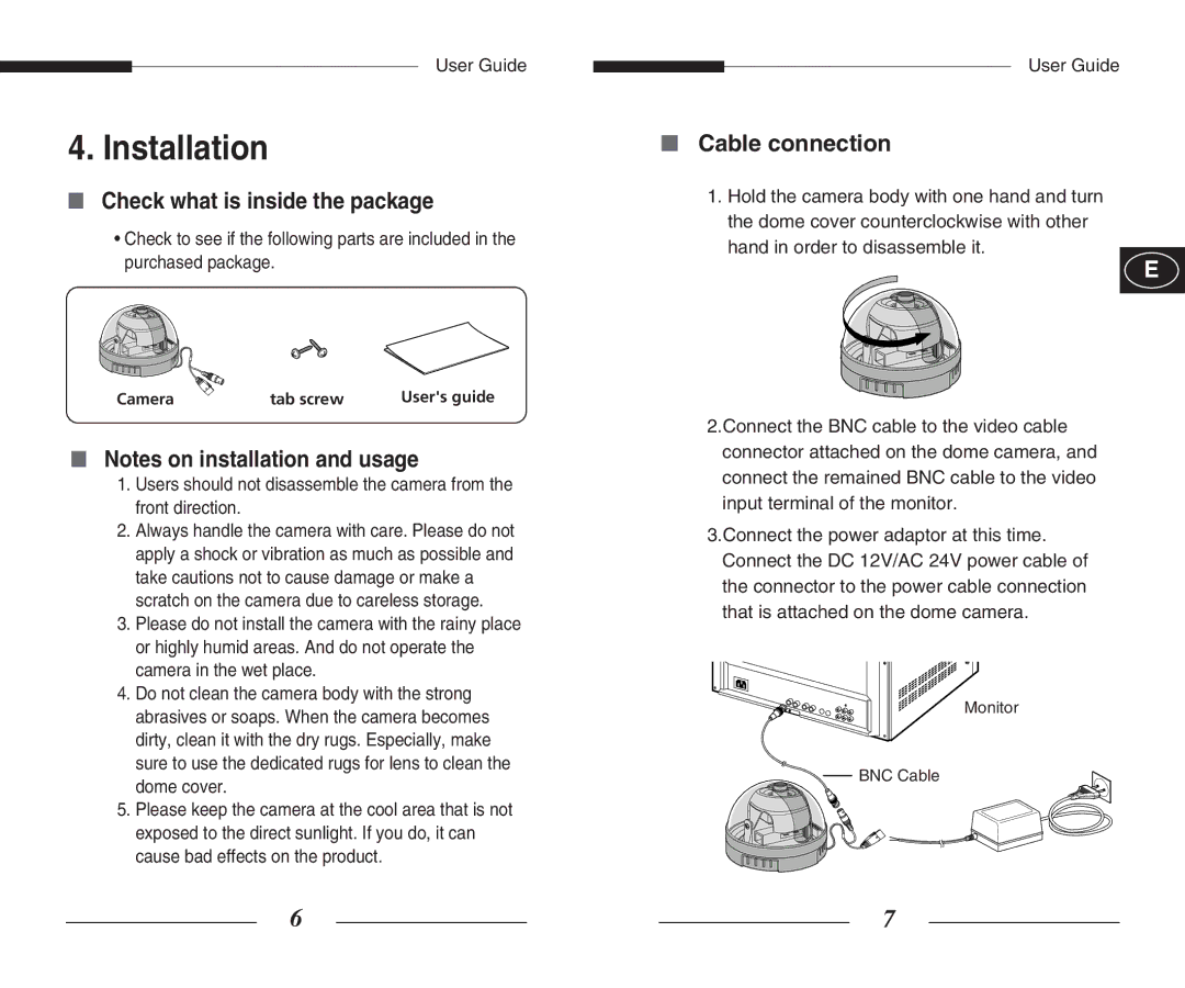 Samsung SCC-B5305(G)(P) Installation, Check what is inside the package, Cable connection, Camera Tab screw Users guide 