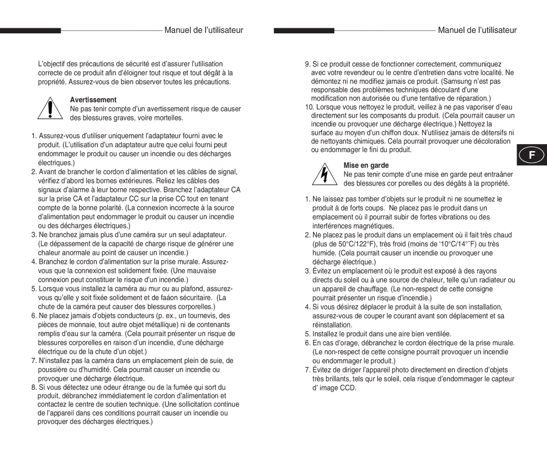 Samsung SCC-B5300(G)(P), SCC-B5301(G)(P), SCC-B5305(G)(P) manual Manuel de l’utilisateur, Avertissement, Mise en garde 