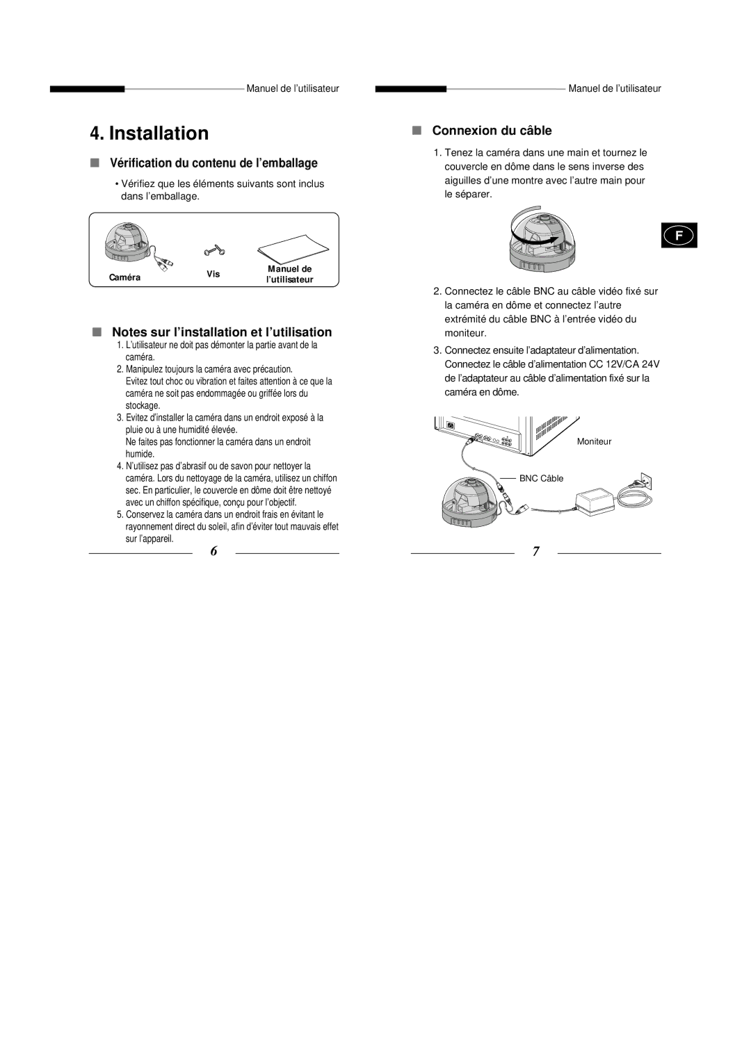 Samsung SCC-B5303GP Vérification du contenu de l’emballage, Connexion du câble, Caméra Vis Manuel de, Moniteur BNC Câble 