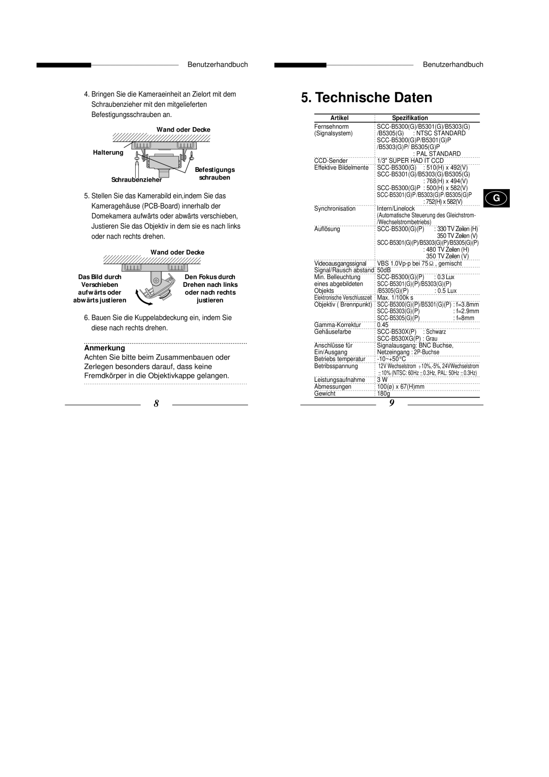 Samsung SCC-B5305P, SCC-B5303P, SCC-B5301GP, SCC-B5303GP, SCC-B5301P manual Anmerkung, Wand oder Decke, Aufwärts oder, Artikel 