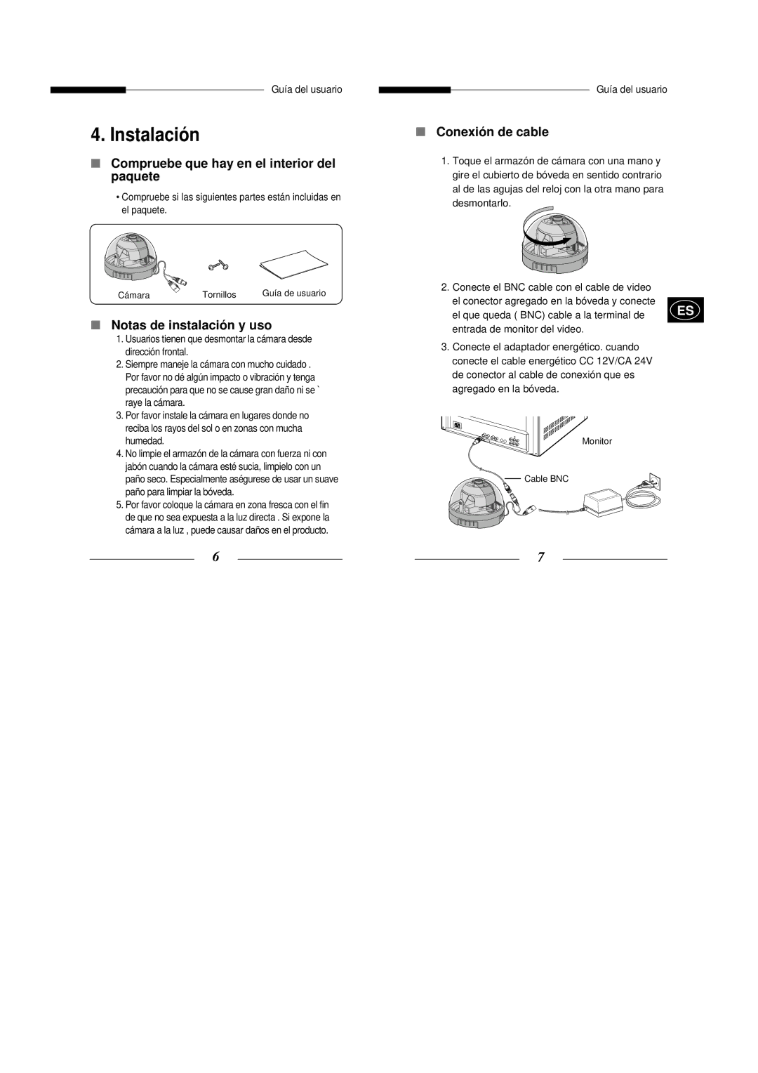 Samsung SCC-B5305GP, SCC-B5303P manual Instalación, Compruebe que hay en el interior del paquete, Notas de instalación y uso 