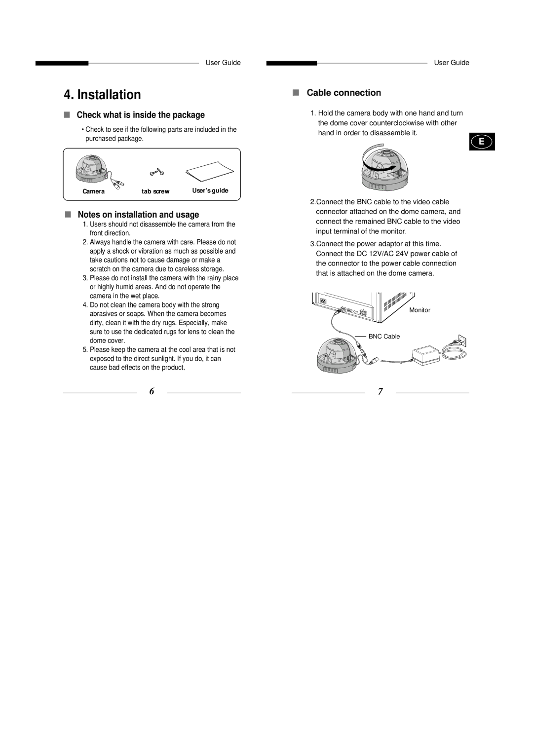 Samsung SCC-B5300P Installation, Check what is inside the package, Cable connection, Camera Tab screw, Monitor BNC Cable 