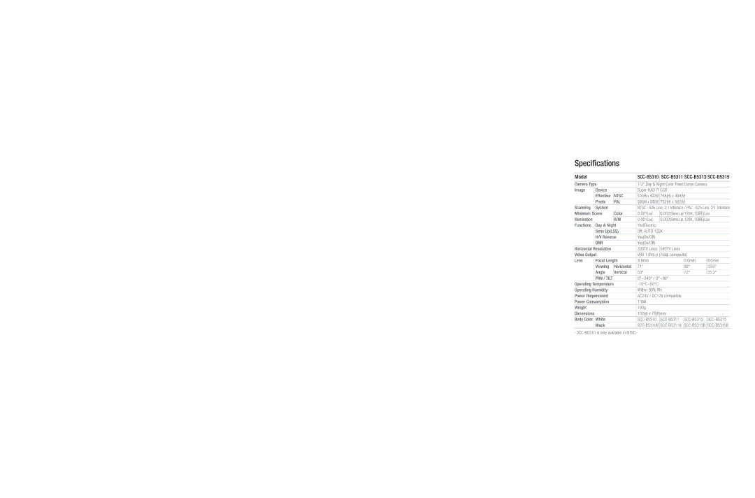 Samsung SCC-B5313, SCC-B5310, SCC-B5315, SCC-B5311 specifications Specifications, Model, Ntsc, Pal, Dnr 