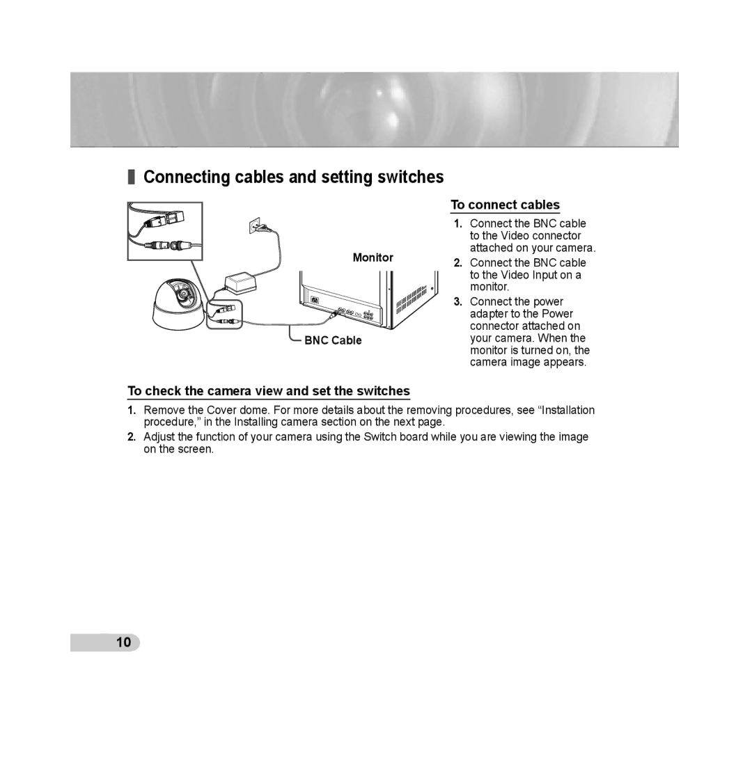 Samsung SCC-B5311BP, SCC-B5313P, SCC-B5315P, SCC-B5311P To connect cables, To check the camera view and set the switches 