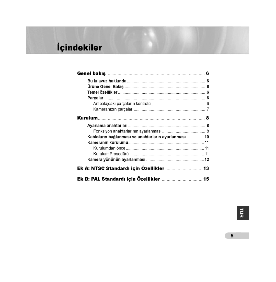 Samsung SCC-B5315BP, SCC-B5313P manual İçindekiler, Ambalajdaki parçaların kontrolü, Fonksiyon anahtarlarının ayarlanması 