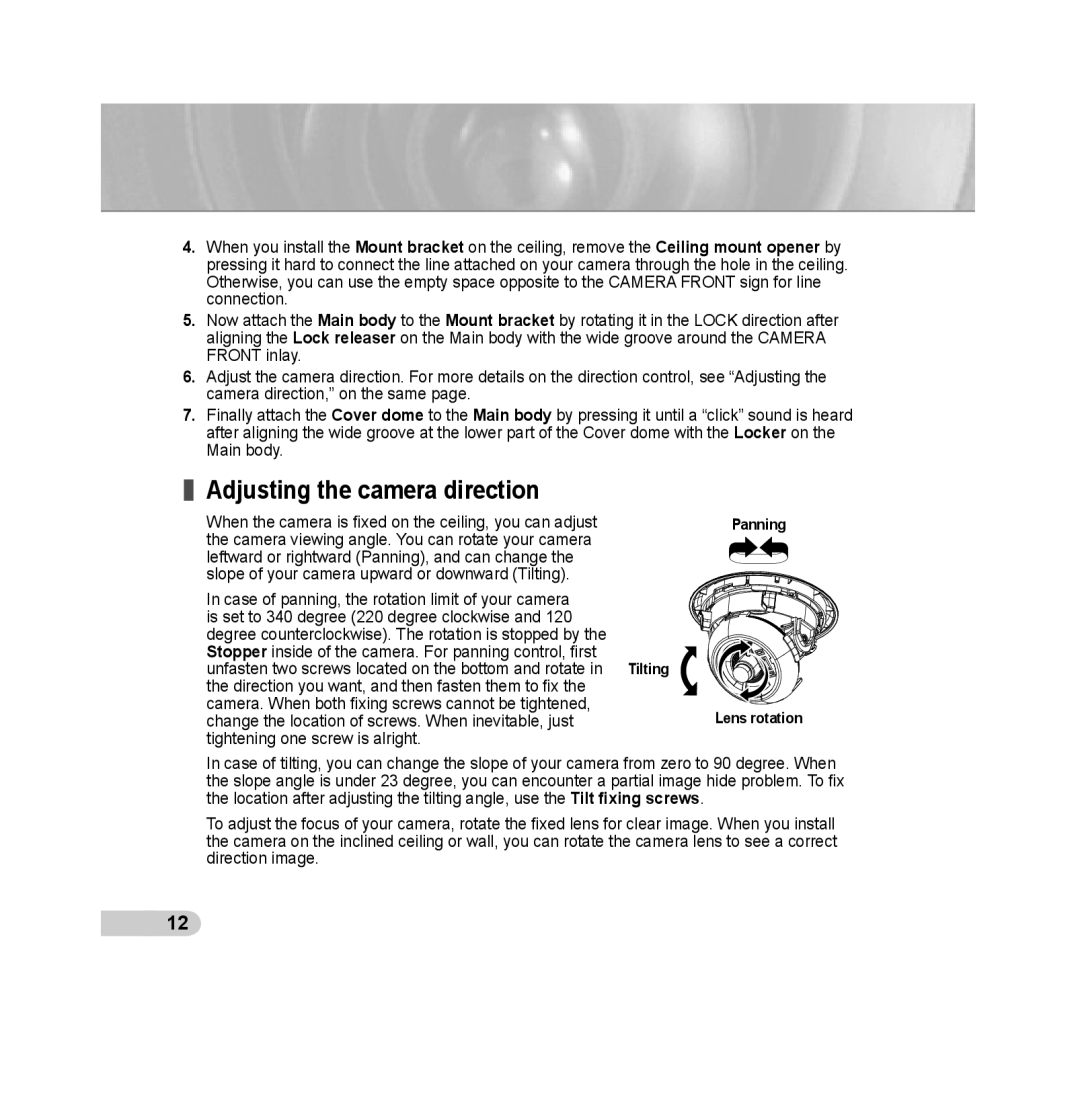 Samsung SCC-B5313P, SCC-B5315P, SCC-B5311P, SCC-B5315BP, SCC-B5311BP, SCC-B5313BP manual Adjusting the camera direction, Tilting 