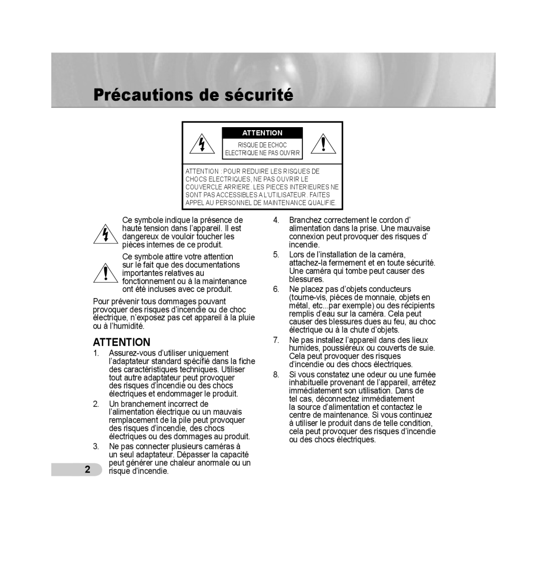 Samsung SCC-B5313P, SCC-B5315P, SCC-B5311P, SCC-B5315BP, SCC-B5311BP, SCC-B5313BP manual Précautions de sécurité 