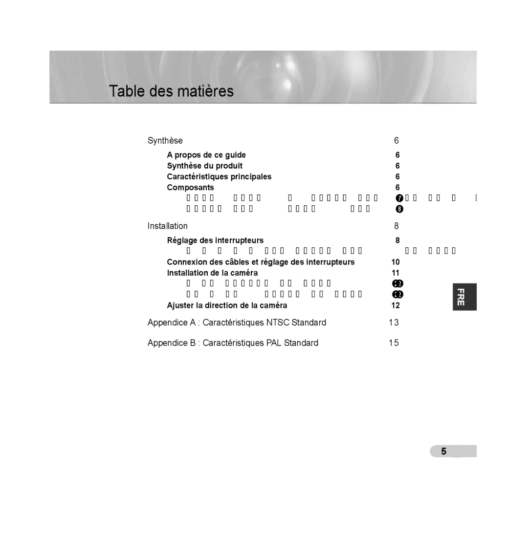 Samsung SCC-B5315BP, SCC-B5313P, SCC-B5315P manual Table des matières, Composants de votre caméra, Réglage des interrupteurs 