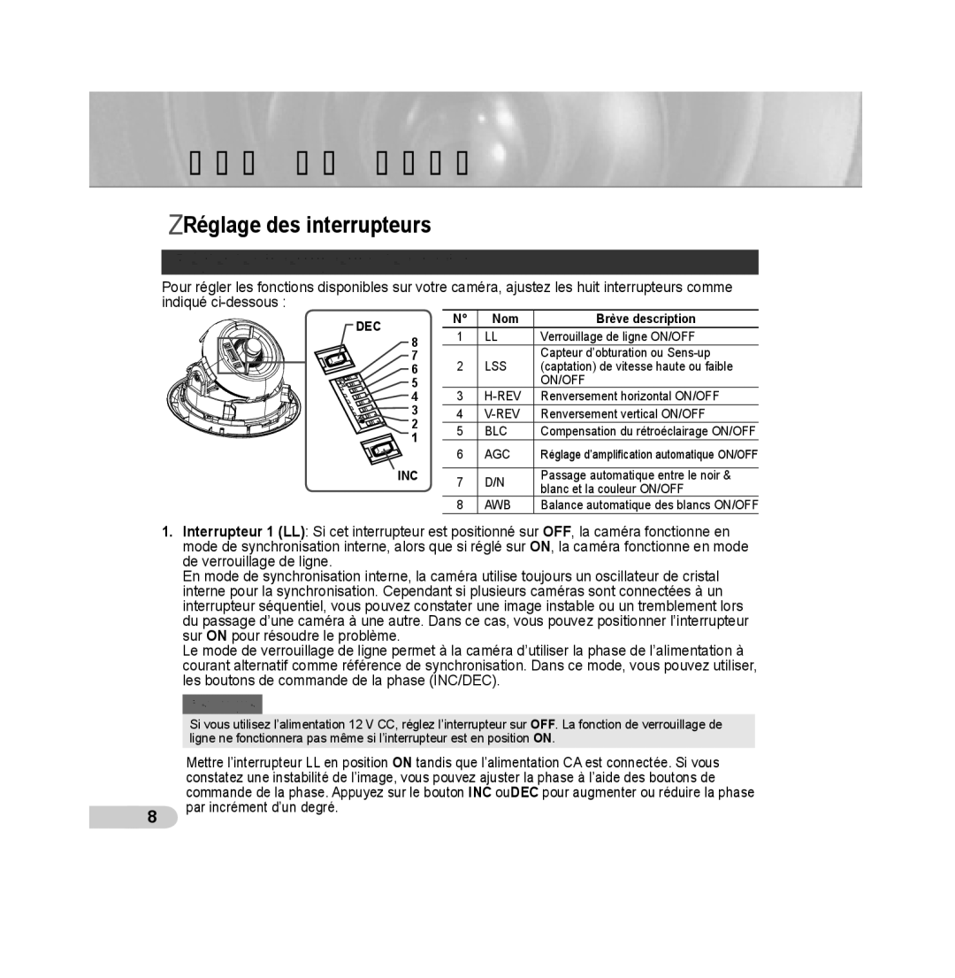 Samsung SCC-B5313P, SCC-B5315P manual Réglage des interrupteurs, Régler les interrupteurs de fonction, Nom Brève description 