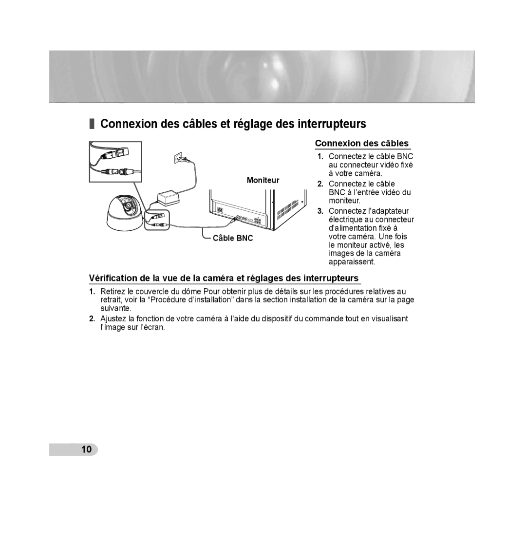 Samsung SCC-B5311P, SCC-B5313P, SCC-B5315P, SCC-B5315BP, SCC-B5311BP manual Connexion des câbles et réglage des interrupteurs 