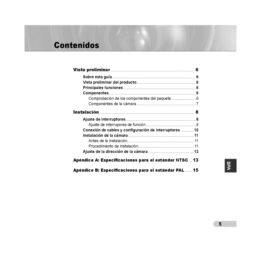 Samsung SCC-B5313BP, SCC-B5313P, SCC-B5315P, SCC-B5311P Contenidos, Vista preliminar del producto, Ajuste de interruptores 