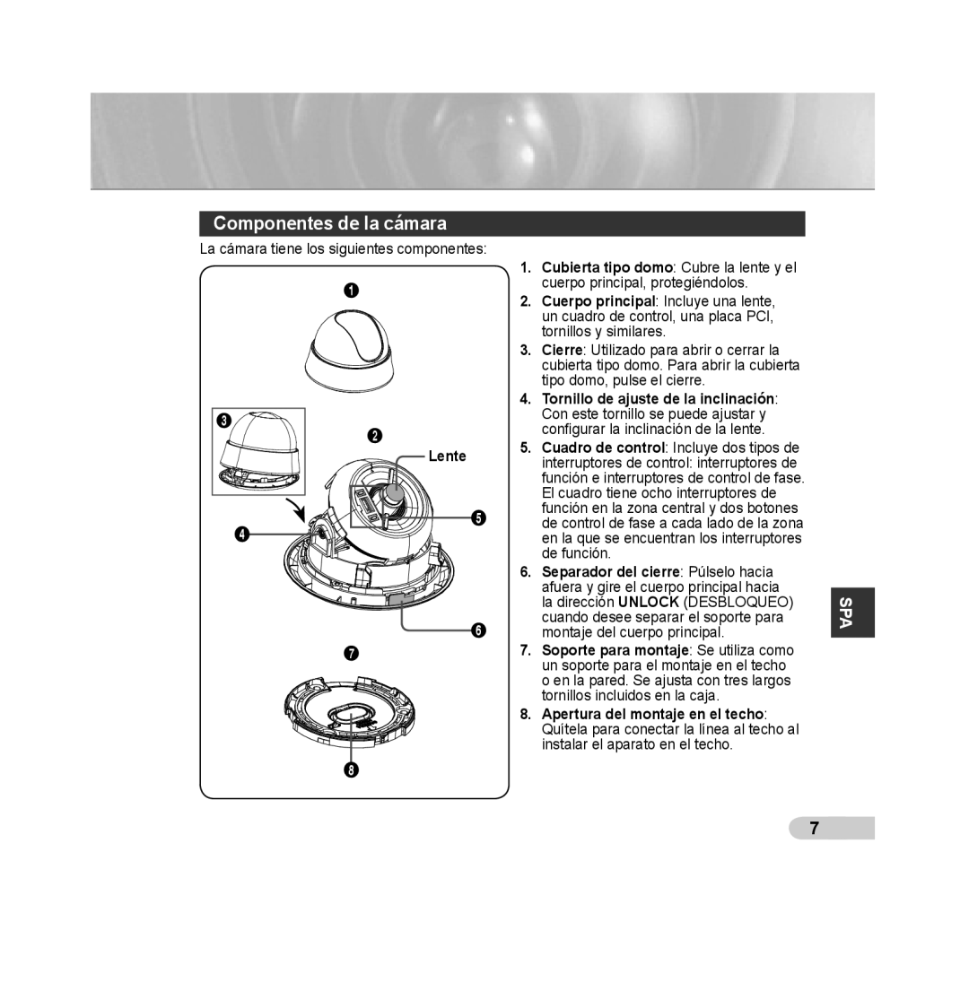 Samsung SCC-B5315P, SCC-B5313P, SCC-B5311P, SCC-B5315BP, SCC-B5311BP, SCC-B5313BP manual Componentes de la cámara, Lente 