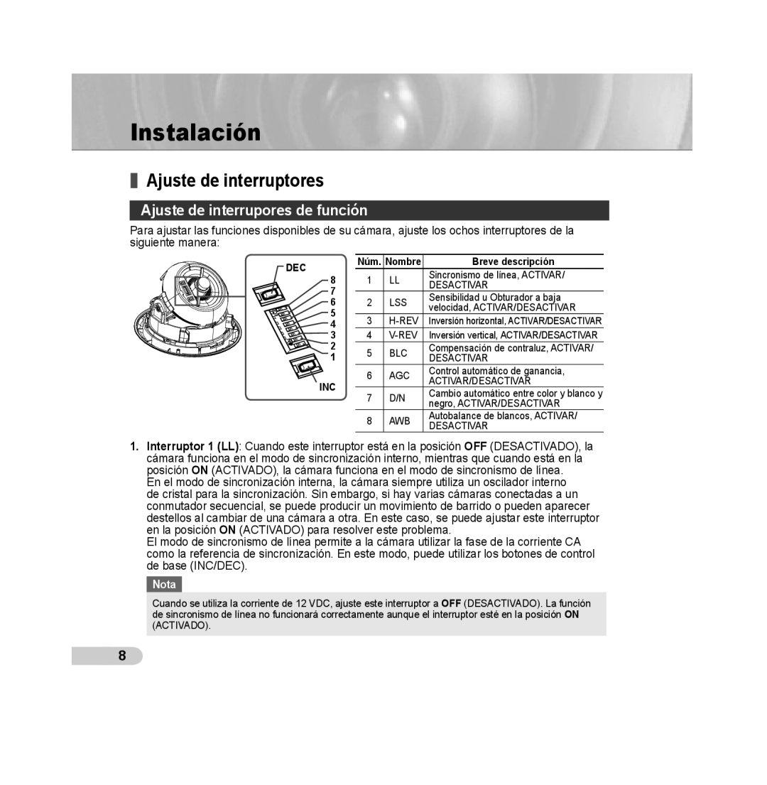 Samsung SCC-B5311P Instalación, Ajuste de interruptores, Ajuste de interrupores de función, Núm. Nombre Breve descripción 