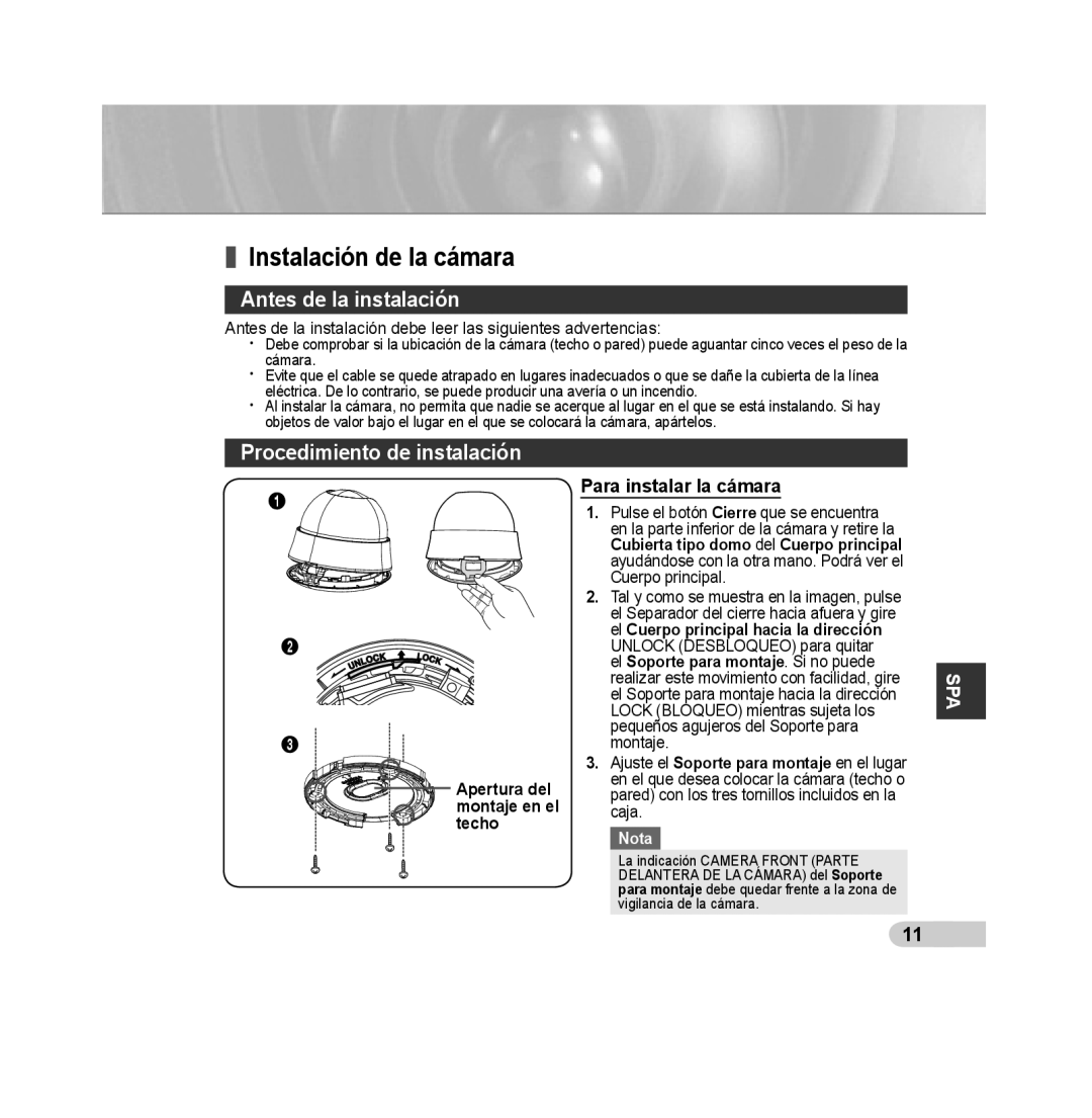 Samsung SCC-B5313BP, SCC-B5313P, SCC-B5315P Instalación de la cámara, Antes de la instalación, Procedimiento de instalación 