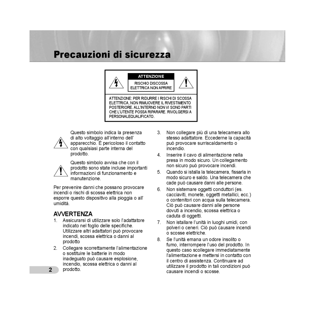 Samsung SCC-B5311BP, SCC-B5313P, SCC-B5315P, SCC-B5311P, SCC-B5315BP, SCC-B5313BP manual Precauzioni di sicurezza, Attenzione 