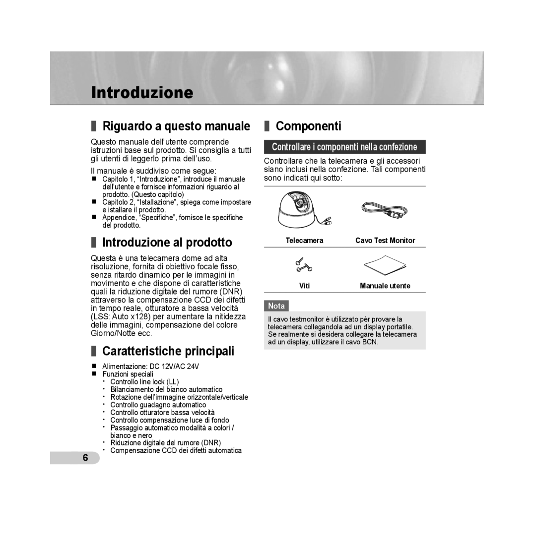 Samsung SCC-B5311P Riguardo a questo manuale, Introduzione al prodotto, Caratteristiche principali, Componenti 