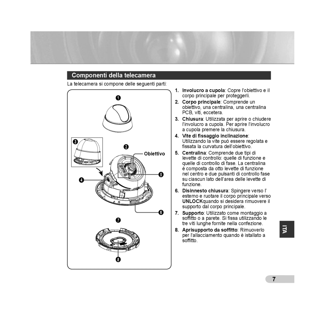 Samsung SCC-B5315BP, SCC-B5313P, SCC-B5315P, SCC-B5311P, SCC-B5311BP, SCC-B5313BP manual Componenti della telecamera 