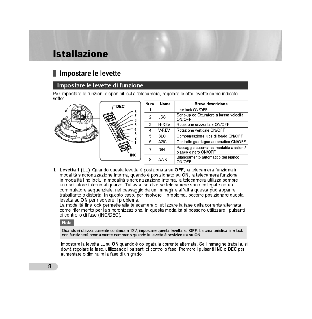 Samsung SCC-B5311BP, SCC-B5313P, SCC-B5315P manual Istallazione, Impostare le levette di funzione, Nome Breve descrizione 