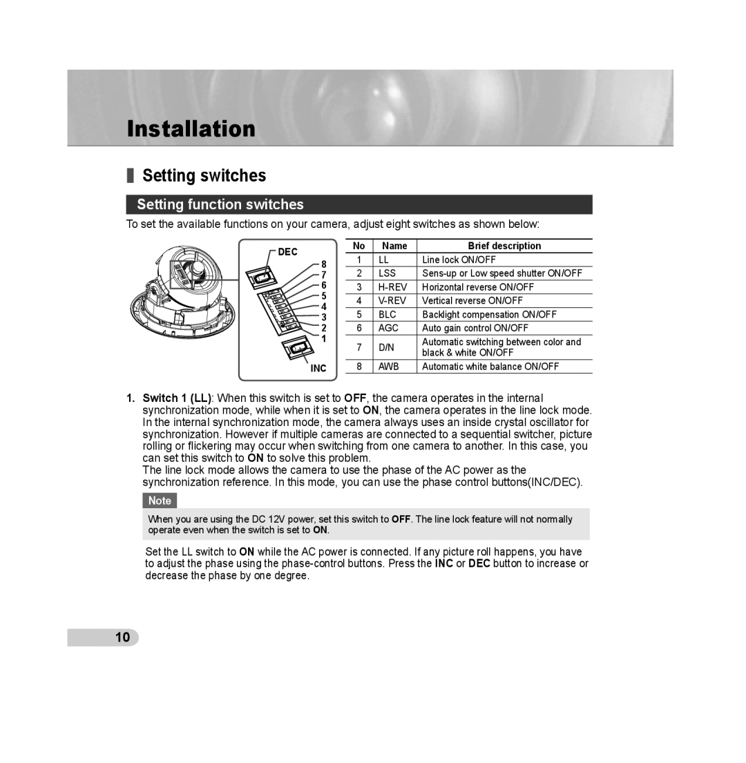 Samsung SCC-B5311BP, SCC-B5313P, SCC-B5315P, SCC-B5311P manual Installation, Setting switches, Setting function switches 