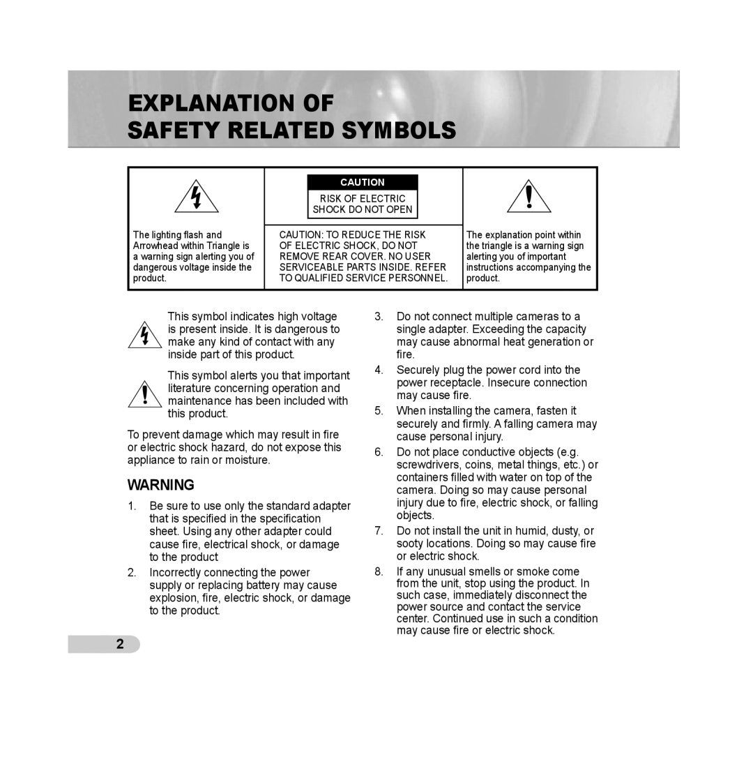 Samsung SCC-B5311P, SCC-B5313P, SCC-B5315P, SCC-B5315BP, SCC-B5311BP, SCC-B5313BP manual Explanation Safety Related Symbols 