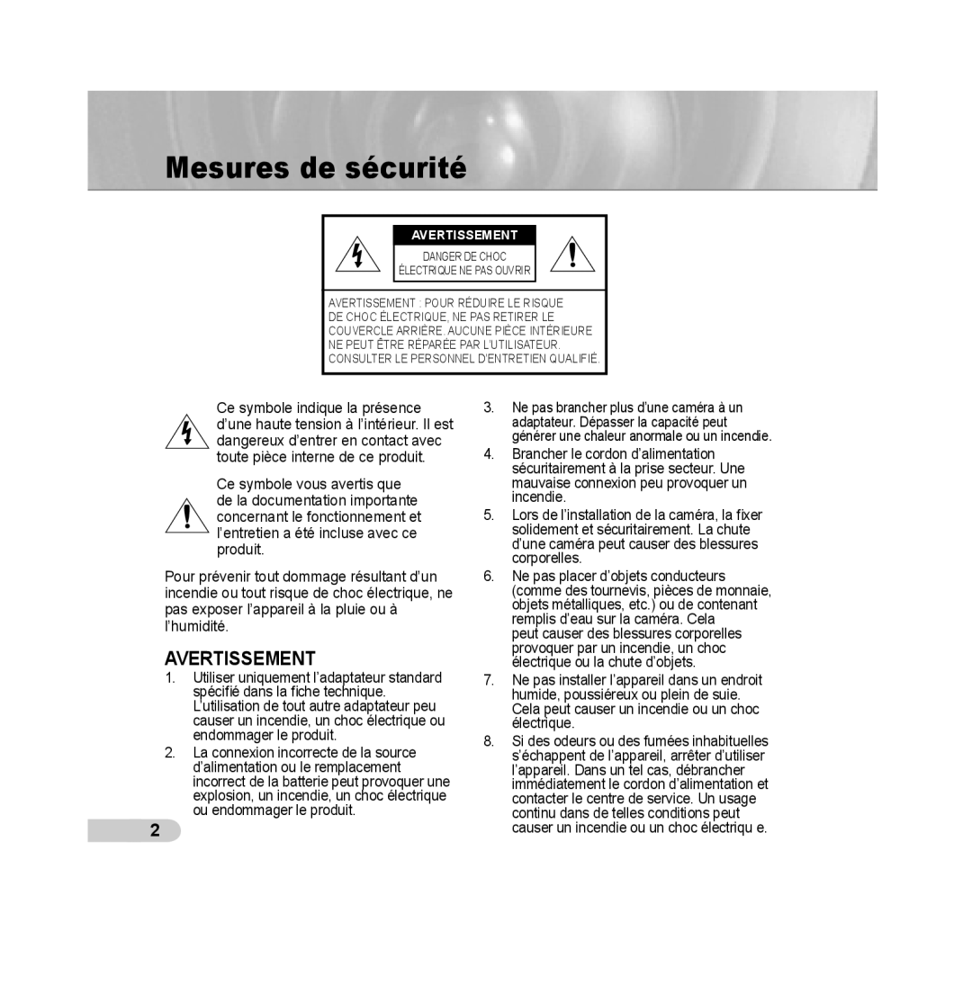 Samsung SCC-B5311BP, SCC-B5313P, SCC-B5315P, SCC-B5311P, SCC-B5315BP, SCC-B5313BP manual Mesures de sécurité, Avertissement 