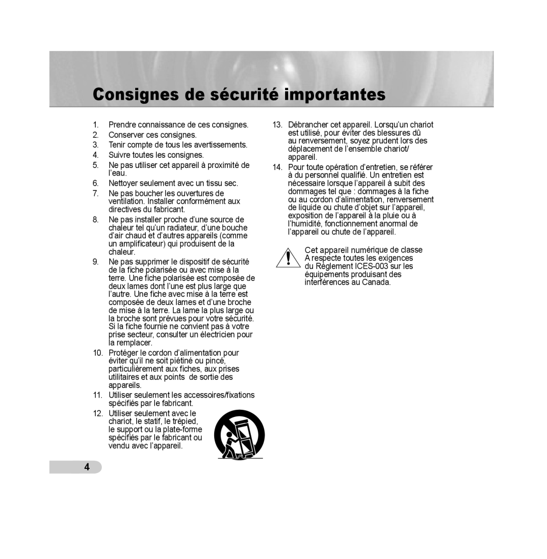 Samsung SCC-B5313P, SCC-B5315P, SCC-B5311P, SCC-B5315BP, SCC-B5311BP, SCC-B5313BP manual Consignes de sécurité importantes 