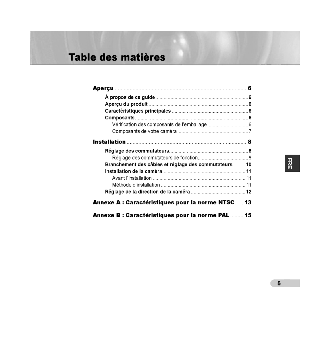 Samsung SCC-B5315P, SCC-B5313P, SCC-B5311P, SCC-B5315BP, SCC-B5311BP, SCC-B5313BP manual Table des matières 