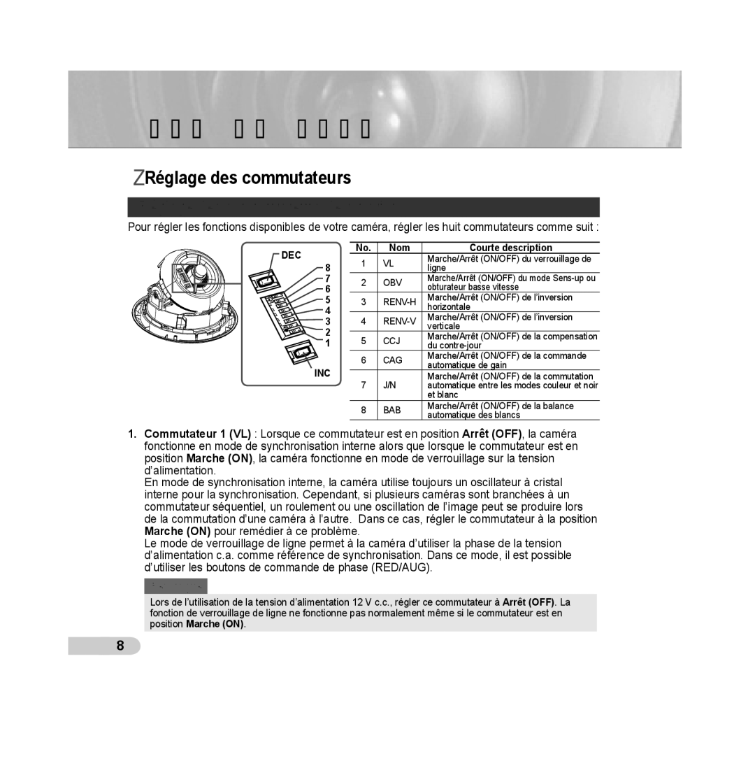 Samsung SCC-B5311BP, SCC-B5313P, SCC-B5315P, SCC-B5311P, SCC-B5315BP, SCC-B5313BP Réglage des commutateurs de fonction 