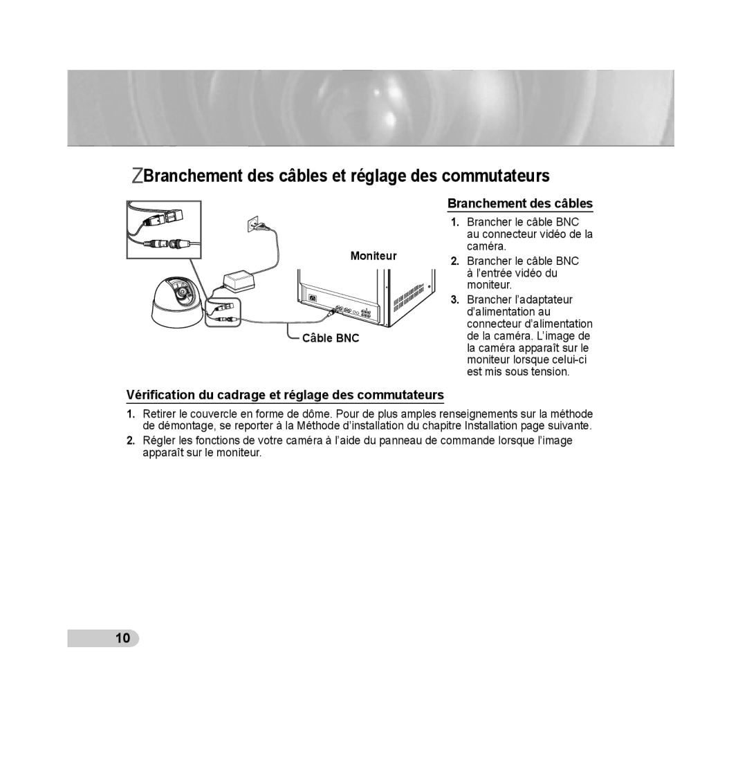 Samsung SCC-B5313P, SCC-B5315P, SCC-B5311P, SCC-B5315BP, SCC-B5311BP manual Branchement des câbles et réglage des commutateurs 