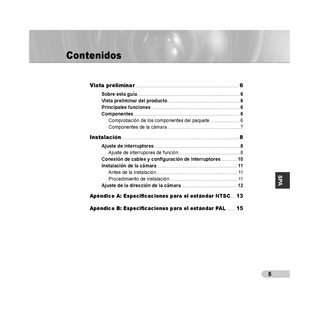 Samsung SCC-B5315P, SCC-B5313P, SCC-B5311P, SCC-B5315BP, SCC-B5311BP, SCC-B5313BP manual Contenidos 