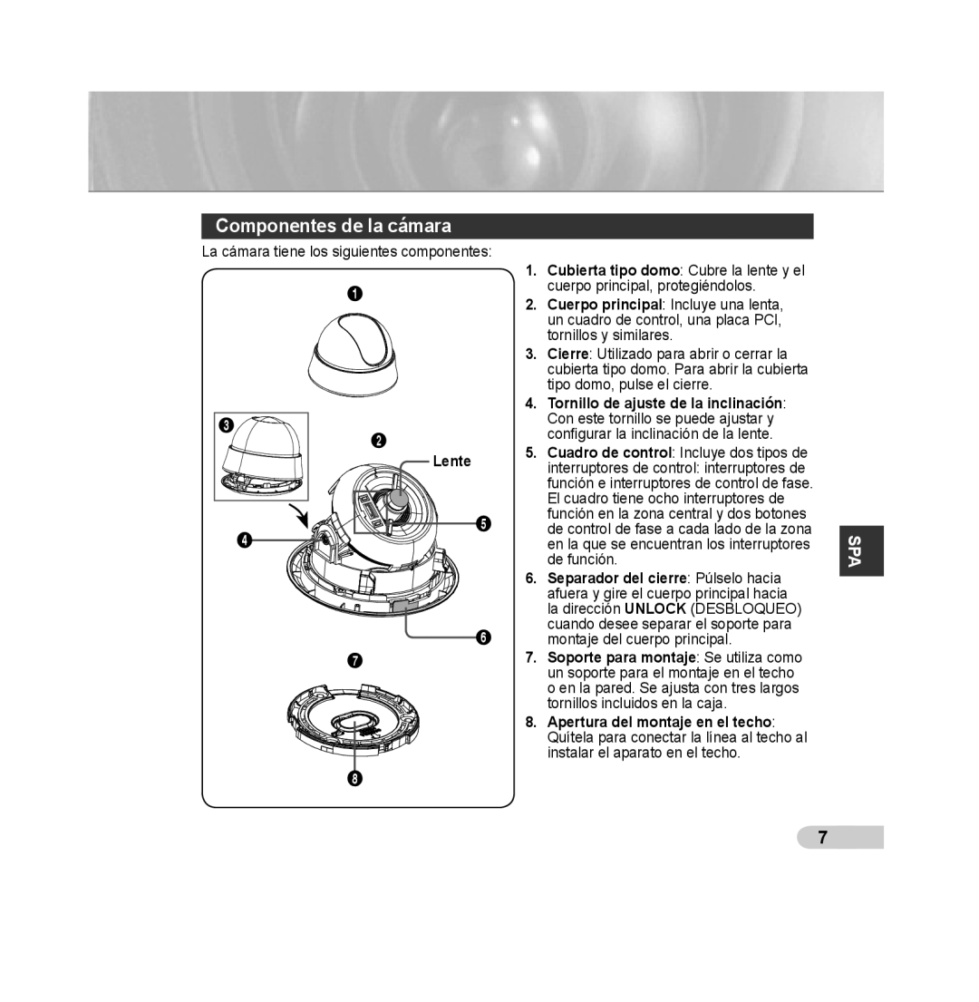 Samsung SCC-B5315BP, SCC-B5313P, SCC-B5315P, SCC-B5311P, SCC-B5311BP, SCC-B5313BP manual Componentes de la cámara, Lente 