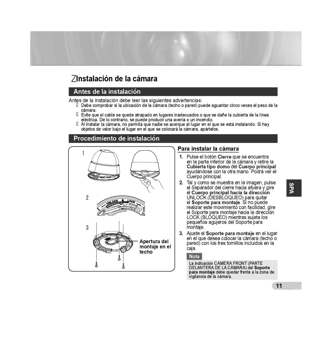 Samsung SCC-B5315P, SCC-B5313P, SCC-B5311P Instalación de la cámara, Antes de la instalación, Procedimiento de instalación 