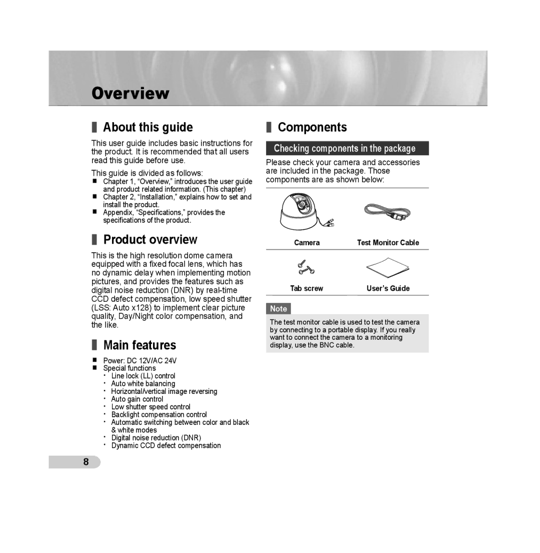 Samsung SCC-B5311P, SCC-B5313P, SCC-B5315P manual Overview, About this guide, Product overview, Main features, Components 