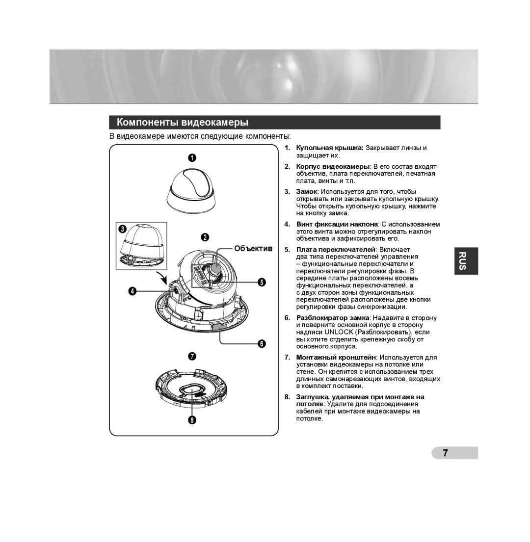 Samsung SCC-B5315BP, SCC-B5313P, SCC-B5315P, SCC-B5311P, SCC-B5311BP, SCC-B5313BP manual Компоненты видеокамеры, Объектив 