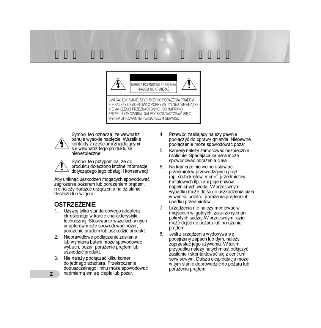 Samsung SCC-B5313P, SCC-B5315P, SCC-B5311P, SCC-B5315BP, SCC-B5311BP, SCC-B5313BP manual Środki bezpieczeństwa, Uwaga 