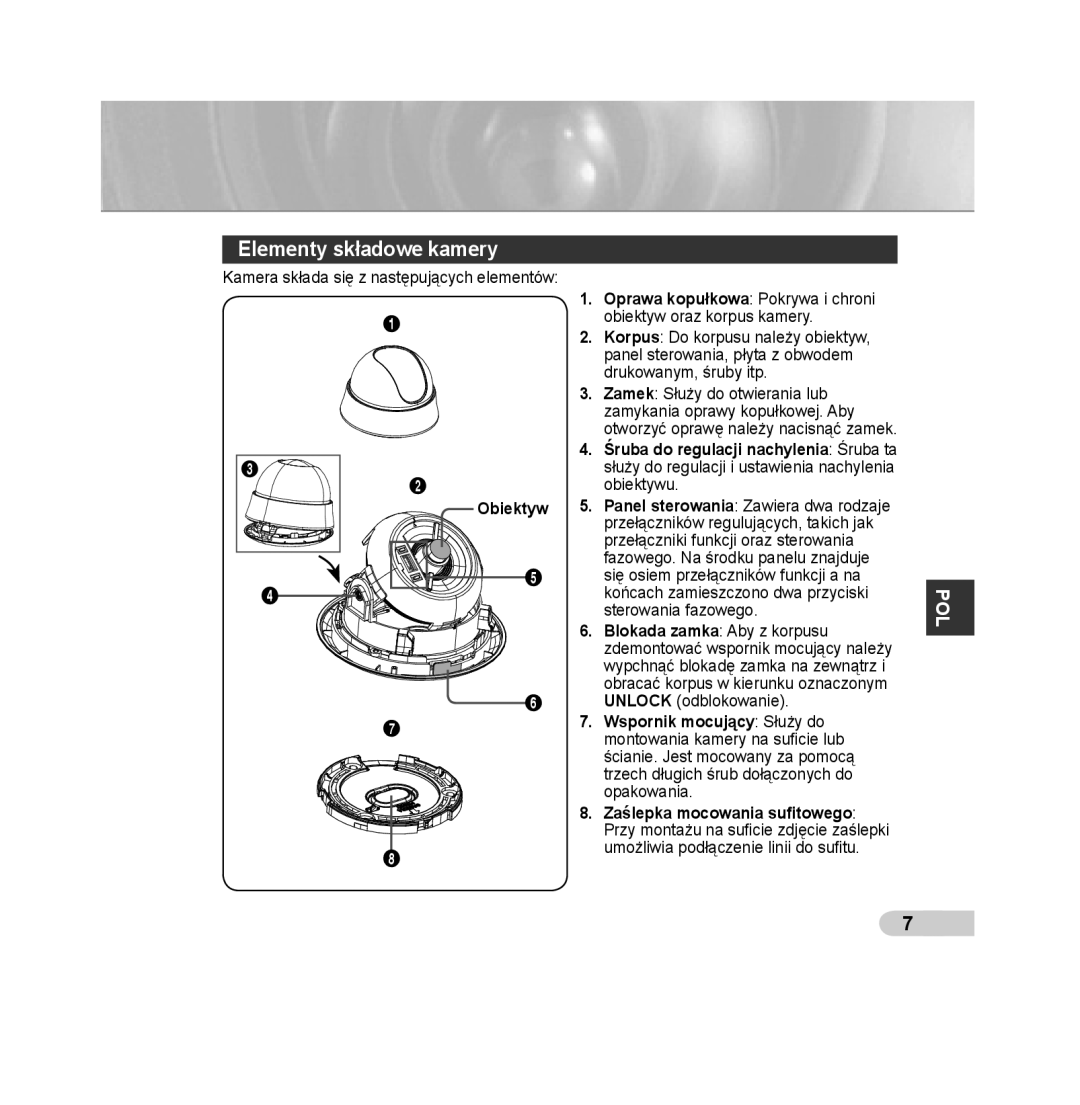 Samsung SCC-B5313BP, SCC-B5313P, SCC-B5315P, SCC-B5311P, SCC-B5315BP, SCC-B5311BP manual Elementy składowe kamery, Obiektyw 