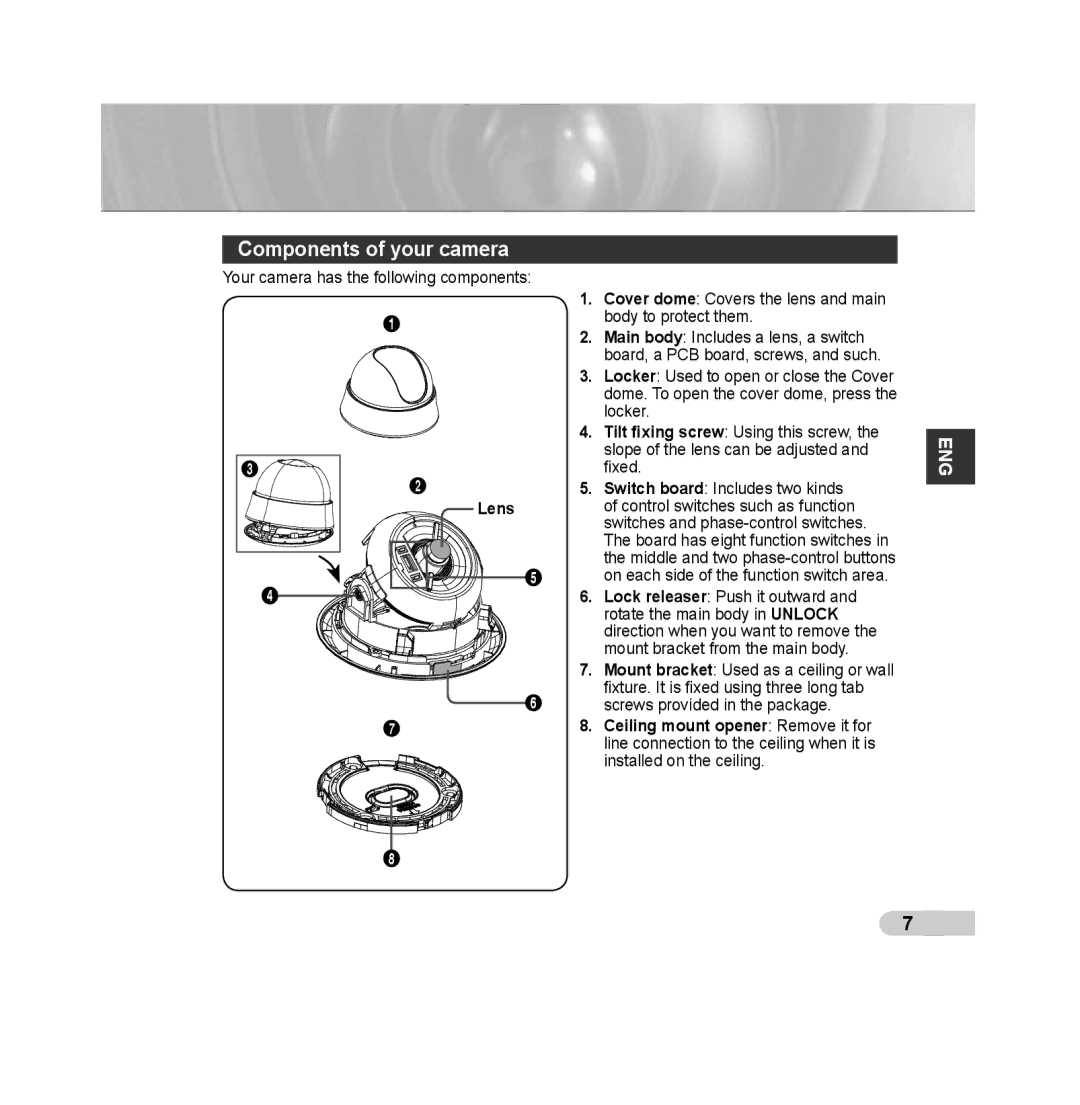 Samsung SCC-B531x(B) manual Components of your camera, Lens 