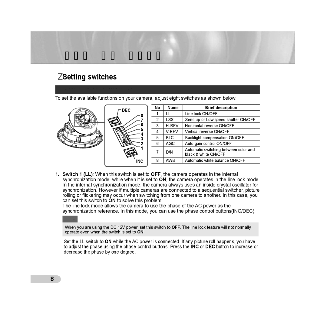 Samsung SCC-B531x(B) manual Installation, Setting switches, Setting function switches 