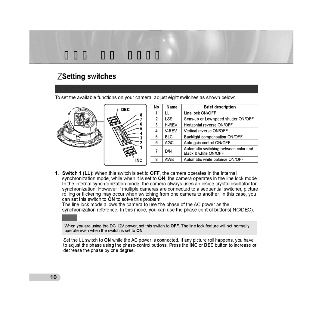 Samsung SCC-B531xBP, SCC-B531xBN, SCC-B531xN, SCC-B531xP manual Setting switches, Setting function switches 