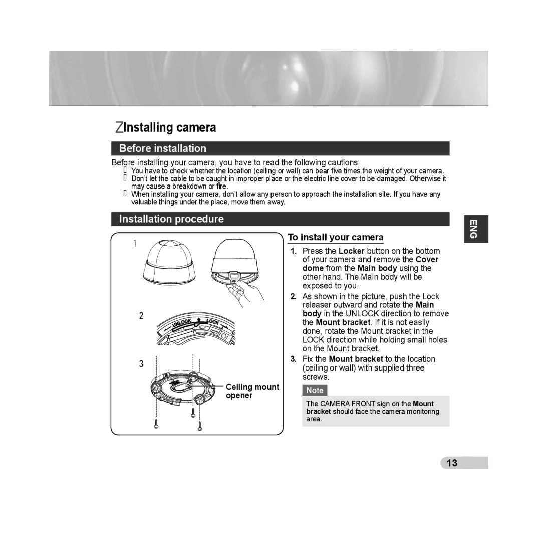 Samsung SCC-B531xN, SCC-B531xBN, SCC-B531xBP, SCC-B531xP manual Installing camera, Before installation, Installation procedure 