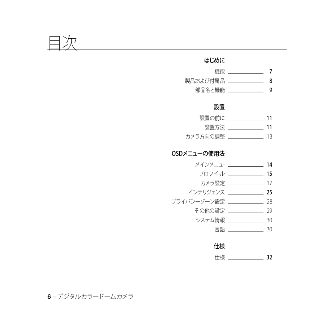 Samsung SCC-B5331N, SCC-B5335P, SCC-B5335BP, SCC-B5333BP, SCC-B5333P manual 部品名と機能 設置の前に 設置方法, メインメニュ プロフイ-ル カメラ設定, その他の設定 