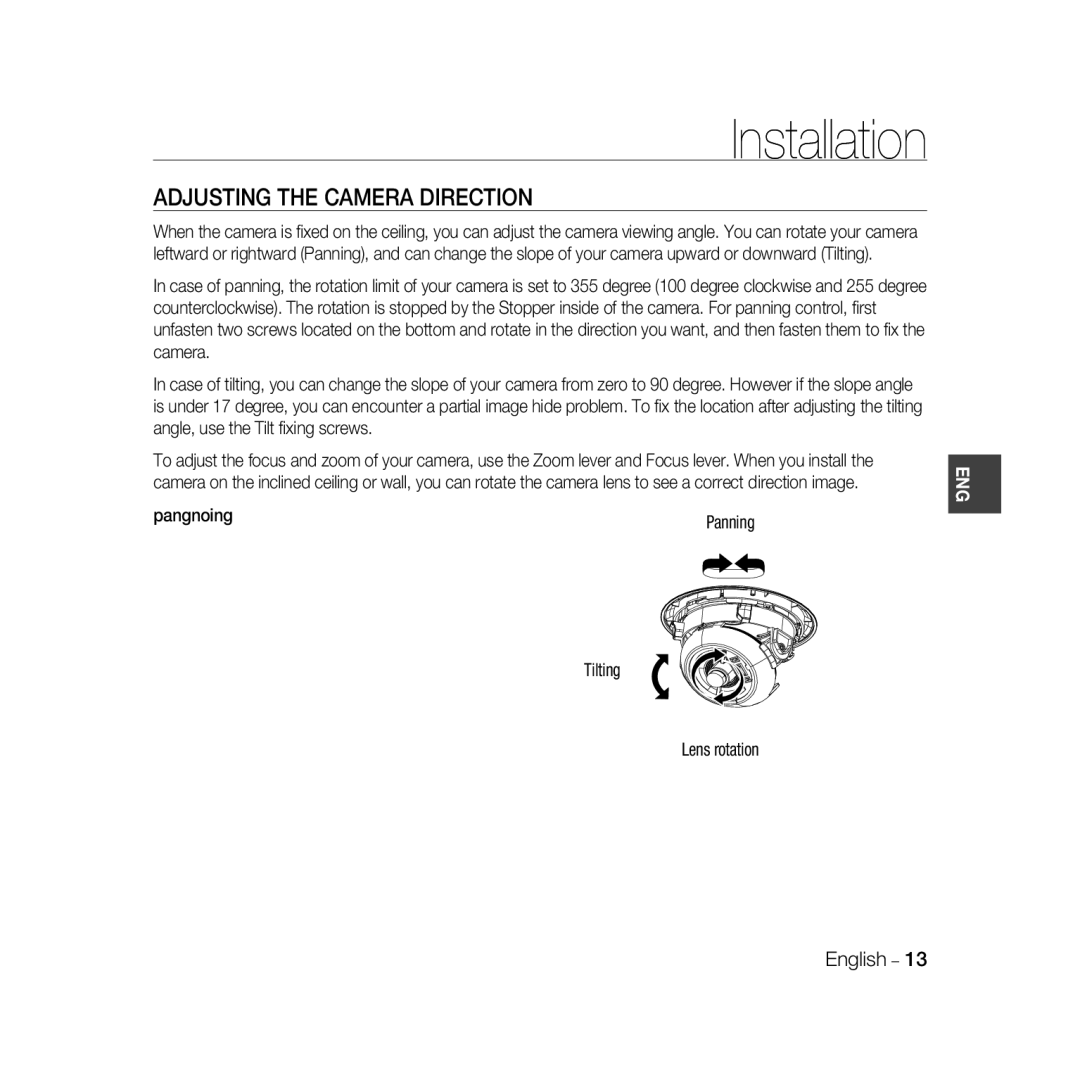 Samsung SCC-B5331BP, SCC-B5335P, SCC-B5335BP, SCC-B5333BP Adjusting the Camera Direction, Pangnoing, Tilting Lens rotation 