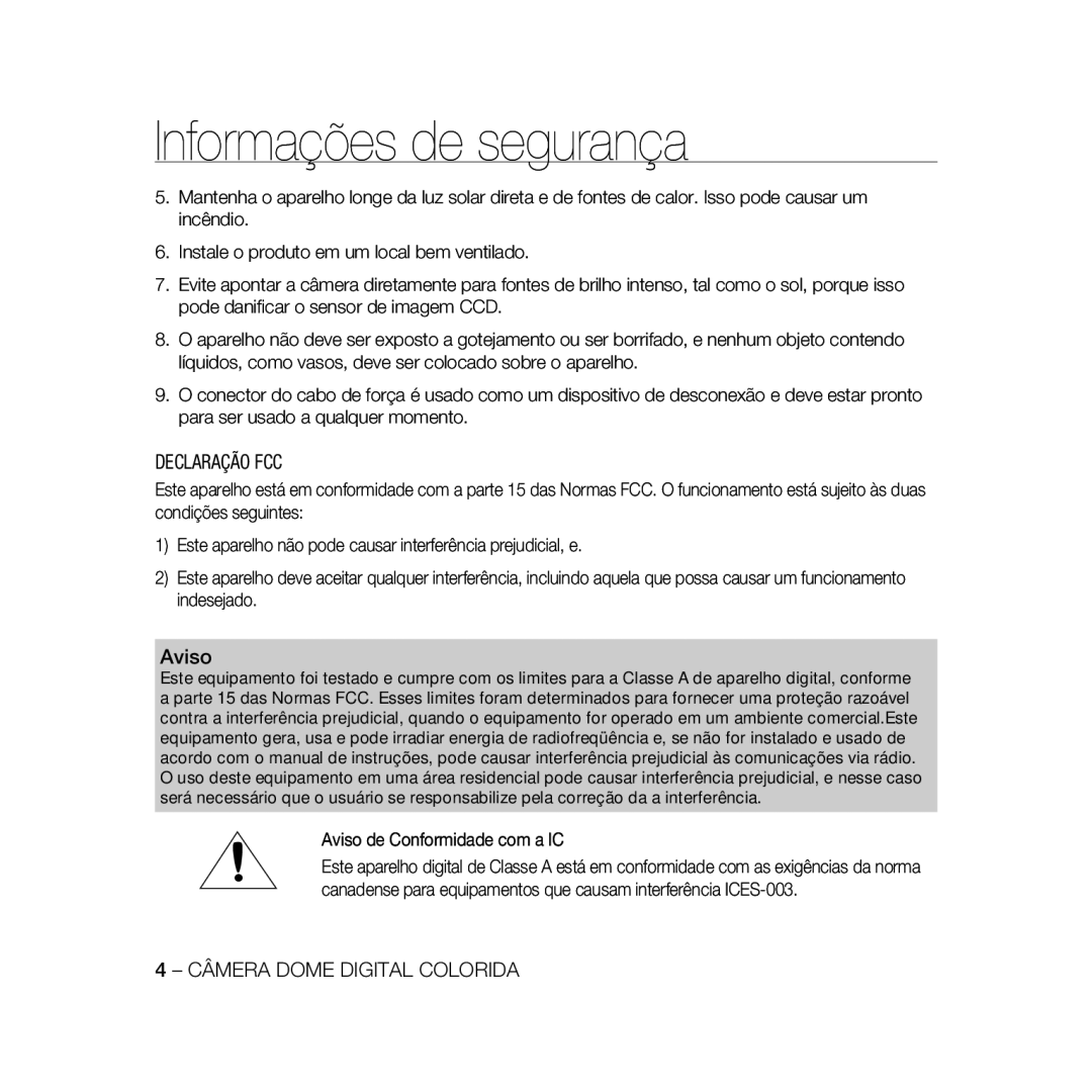 Samsung SCC-B5335BP, SCC-B5335P, SCC-B5333BP, SCC-B5331P, SCC-B5331BP, SCC-B5333P/CDM, SCC-B5331N manual Declaração FCC 