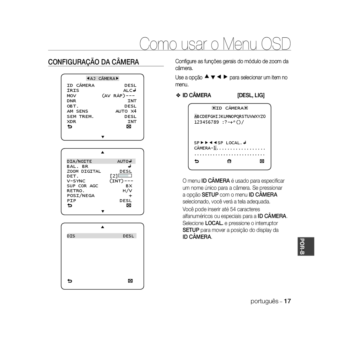 Samsung SCC-B5333P/CDM, SCC-B5335P, SCC-B5335BP, SCC-B5333BP, SCC-B5331P, SCC-B5331BP manual Configuração DA Câmera, ID Câmera 